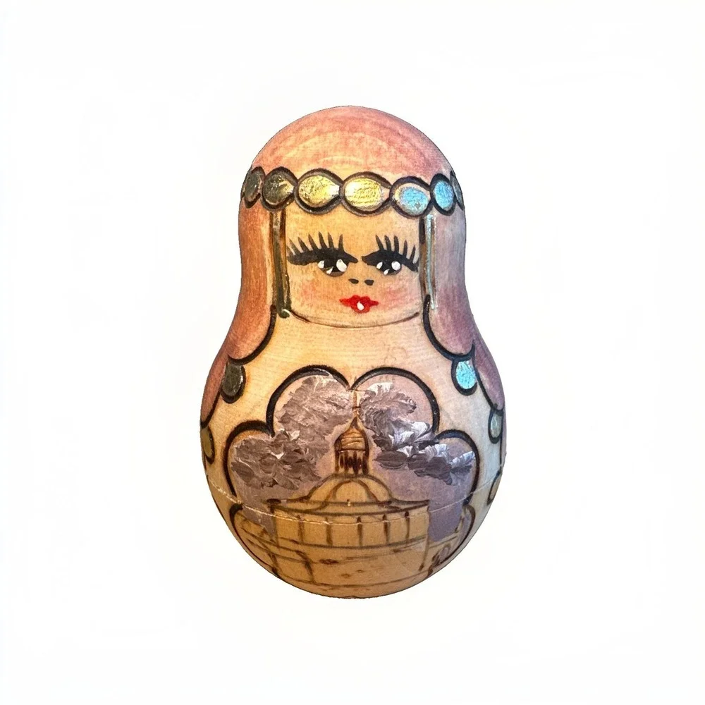 Vintage Russian Matryoshka Nesting Dolls 5pc Hand Painted Wood Burned Set Gold
